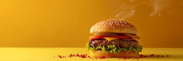 Wall Mural - A hamburger with lettuce and cheese on a yellow background. The burger is sitting on a table with some pepper on it