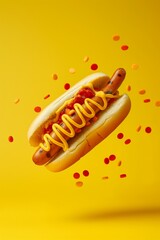 Wall Mural - A hot dog with mustard and ketchup is shown in mid-air. The yellow background and the hot dog's position give the impression of it being thrown or launched