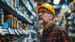 © INT888 - A homeowner selecting various tools and materials for concrete crack repairs at a local home improvement store,