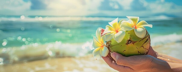 Wall Mural - A hand holding a coconut with a flower on top. Concept of relaxation and leisure, as the person is enjoying a tropical beach setting.