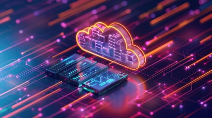 A vibrant illustration of cloud computing with neon lights and digital circuitry, symbolizing modern data storage and technology.