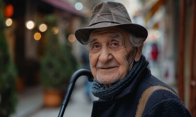 Elderly man with a cane, smiling gently
