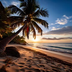 Canvas Print - Tropical Sunset Beach with Palm Tree Silhouetted Against Golden Sky