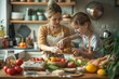 © YURY YUTY - Parent and child preparing a meal in a cozy kitchen filled with fresh ingredients and colorful vegetables.