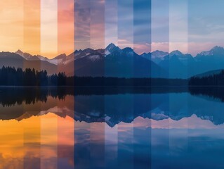 Wall Mural - timelapse composite of a tranquil lake from dawn to dusk showcasing shifting colors and light silhouettes of trees and mountains reflected in mirrorlike water