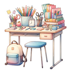 Wall Mural - A clipart of a desk with school supplies as stationary elements. The illustration should be in a watercolor style, using pastel colors, and isolated 