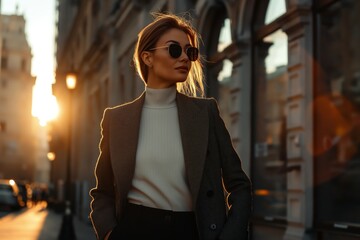 A fashionable woman wearing sunglasses walks confidently in a city street during sunset.