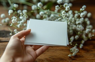 Hand holding blank business cards with white flowers on rustic wooden table, floral background.