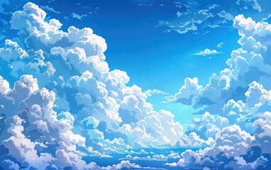 Wall Mural - vibrant anime-style sky with fluffy white clouds against a bright blue background, capturing a seren