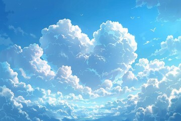 Wall Mural - vivid depiction of large, fluffy clouds in a serene blue sky, forming a heart shape amidst the softn