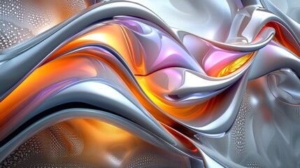 Wall Mural - Abstract composition of curving, flowing shapes in metallics and glowing blue-gray, yellow, orange and pink. Could be metal or plastic or liquid