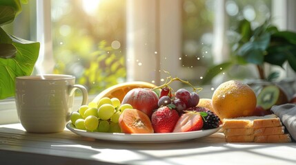 A closeup of a breakfast table with a healthy meal including fruits, toast, and a cup of coffee, photo realistic, bright morning light, isolated white background, copy space