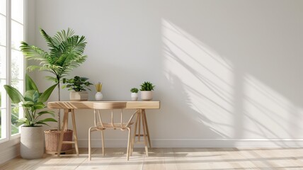 Wall Mural - A white room with a wooden desk and a chair. The desk has a potted plant on it and a few other potted plants around the room. The room is very clean and organized