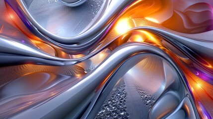 Wall Mural - Abstract composition of curving, flowing shapes in metallics and glowing blue-gray, yellow, orange and pink. Could be metal or plastic or liquid