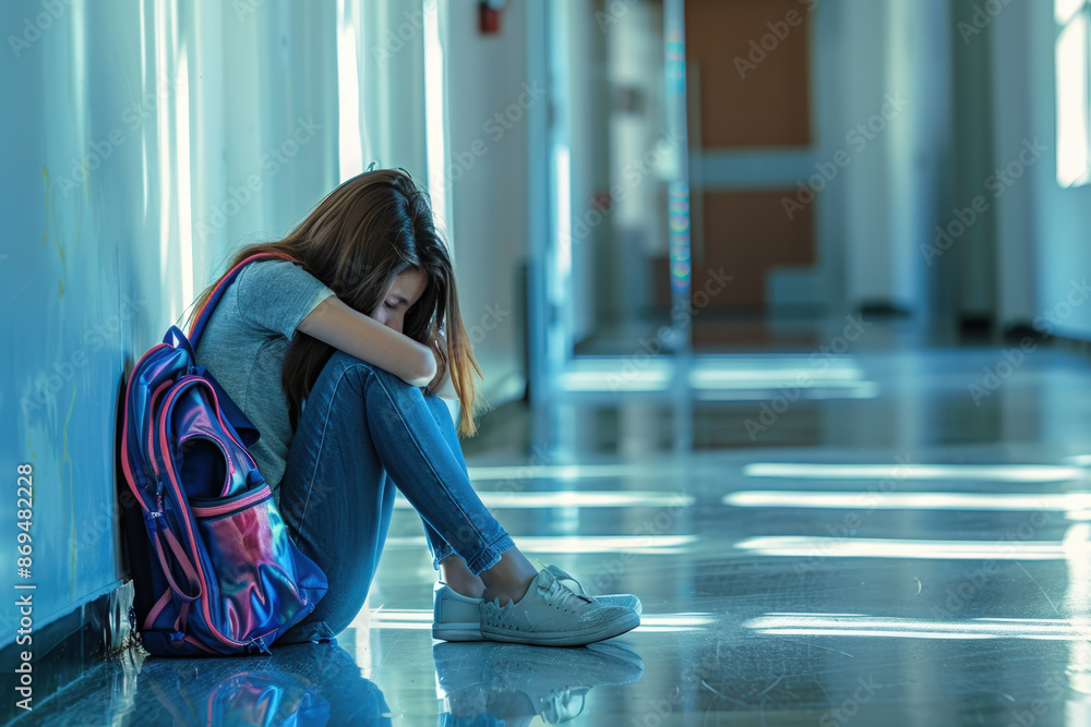 Sad Teenage School Student Is Sitting Alone In A School Hallway 