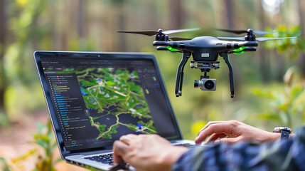 Programming a drone to monitor the environment using mapping software on a laptop. The laptop screen displays an interface with marked flight routes and geographic data.