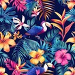 © Nottenaj - A tropical pattern with detailed illustrations of palm leaves, exotic flowers, and birds in bright, bold colors, designed to repeat seamlessly across fabric
