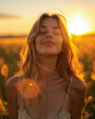 © Olivia - Portrait of a pretty happy free woman with closed eyes, beautiful moment life, wheat fields at sunset