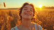 © Olivia - Portrait of a pretty happy free woman with closed eyes, beautiful moment life, ields at sunset