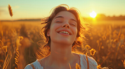 Wall Mural - Portrait of a pretty happy free woman with closed eyes, beautiful moment life, ields at sunset