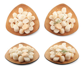 Sticker - Wooden board with fresh scallops isolated on white, top and side views