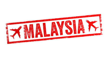 Wall Mural - Malaysia - is a Southeast Asian country occupying parts of the Malay Peninsula and the island of Borneo, text emblem stamp with airplane