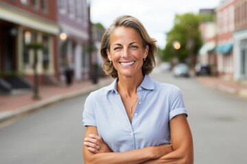Wall Mural - Portrait of a happy woman in her 50s wearing a breathable golf polo isolated on charming small town main street