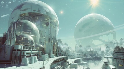 Wall Mural - Bustling Futuristic Venus City with Glowing Domes and Shimmering Architecture in Daytime