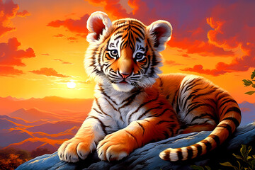 Tiger in the wild nature with sunset background. Generative Ai