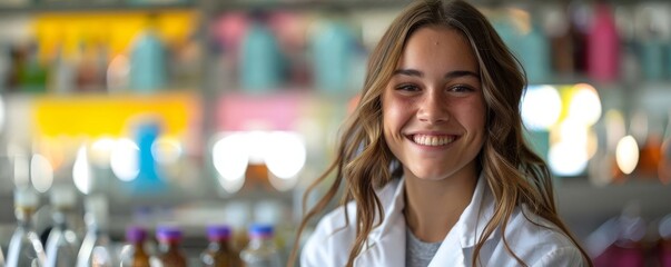 Young scientist in a lab coat, smiling excitedly, holding a beaker, colorful background, editorial style, highresolution photo