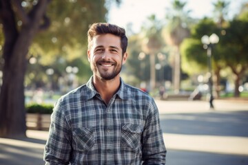 Poster - Portrait of a jovial man in his 30s dressed in a relaxed flannel shirt while standing against vibrant city park