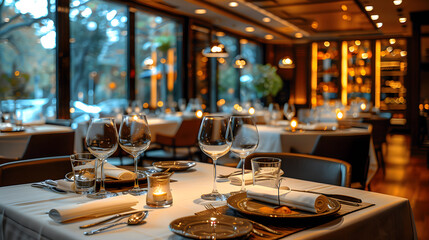 A close up shot of a restaurant table set up with tableware and wine glass. Concept of dining, hospitality and catering.