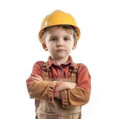 cute little professional Carpenter standing , looking directly at the camera with an attentive expression isolated on white background