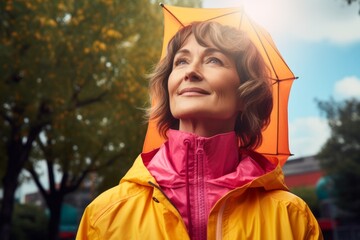 Sticker - Portrait of a content woman in her 50s wearing a vibrant raincoat in front of vibrant city park