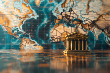 Canvas Print - Virtual bank or online banking, global online financial transaction and e-commerce, international banking concept with a bank model on the table in front of world map background