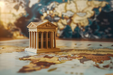 Wall Mural - Virtual bank or online banking, global online financial transaction and e-commerce, international banking concept with a bank model on the table in front of world map background