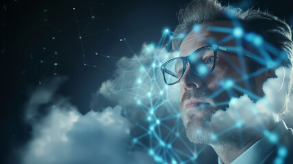 Business concept. The company's software developer makes electronic updates to the data center. Cloud storage.