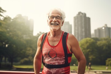 Sticker - Portrait of a grinning man in his 70s dressed in a breathable mesh vest isolated on vibrant city park