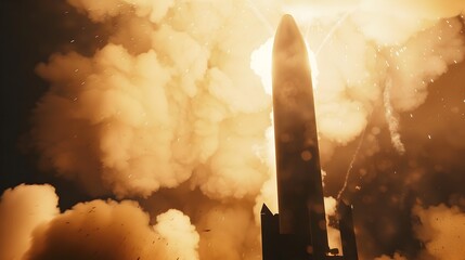 Wall Mural - Dramatic Missile Launch from Underground Silo at Dawn with Smoke Trails and High-Tech Warfare