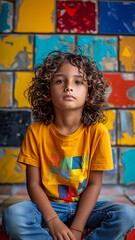 Sticker - modern indian kids wearing tshirt and jeans, neo pop art background.generatiive ai