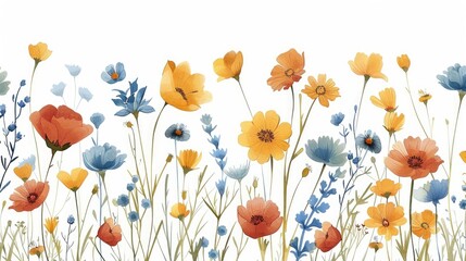 Wall Mural - Watercolor image of wildflowers in orange, yellow, and blue colors on a white background. Flower with vibrant pastel color. Floral border design. Nature and botanical concept for greeting card. AIG53F