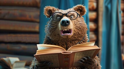 Sticker - A Bear with Glasses Reading a Book