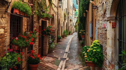 Naklejka na meble Charming, narrow street in Spello, an ancient town in Italy.