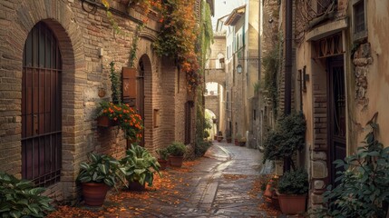  Charming, narrow street in Spello, an ancient town in Italy.