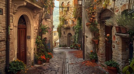  Charming, narrow street in Spello, an ancient town in Italy.