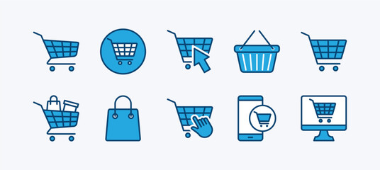 Set of shopping cart icon. Containing bag, basket, full, empty, online shop business, click button. Purchase, buy, sell, and sale in supermarket with cart for app and website. Vector illustration