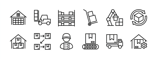 Logistics warehouse thin line icon vector set. Containing storehouse, stock, package storage, machine, process, cargo truck, courier, step and productivity, forklift, freight, lorry, moving