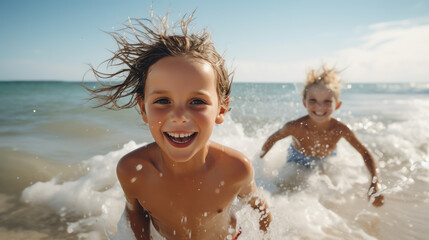 Joyful children splashing in ocean waves, enjoying a sunny beach day, capturing the essence of carefree summer fun and adventure.