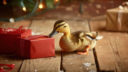 Wall Mural - Duckling and Christmas Gifts