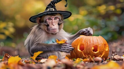 Canvas Print - Monkey in a Witch Hat Holding a Jack-o'-Lantern